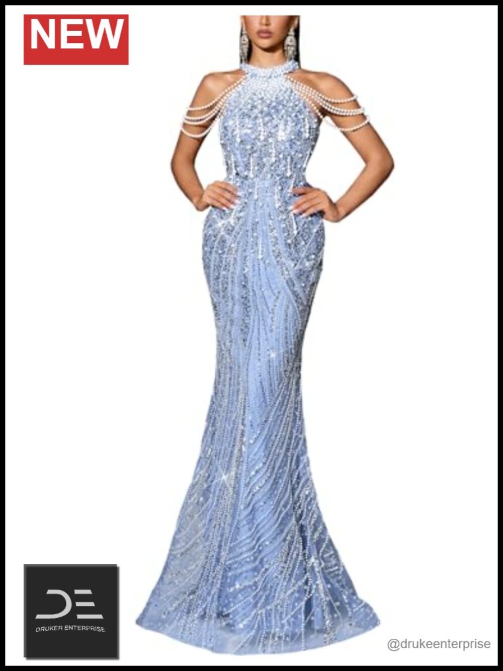 Sequin Mermaid Evening Gown Halter Beaded Backless Formal Prom Dress